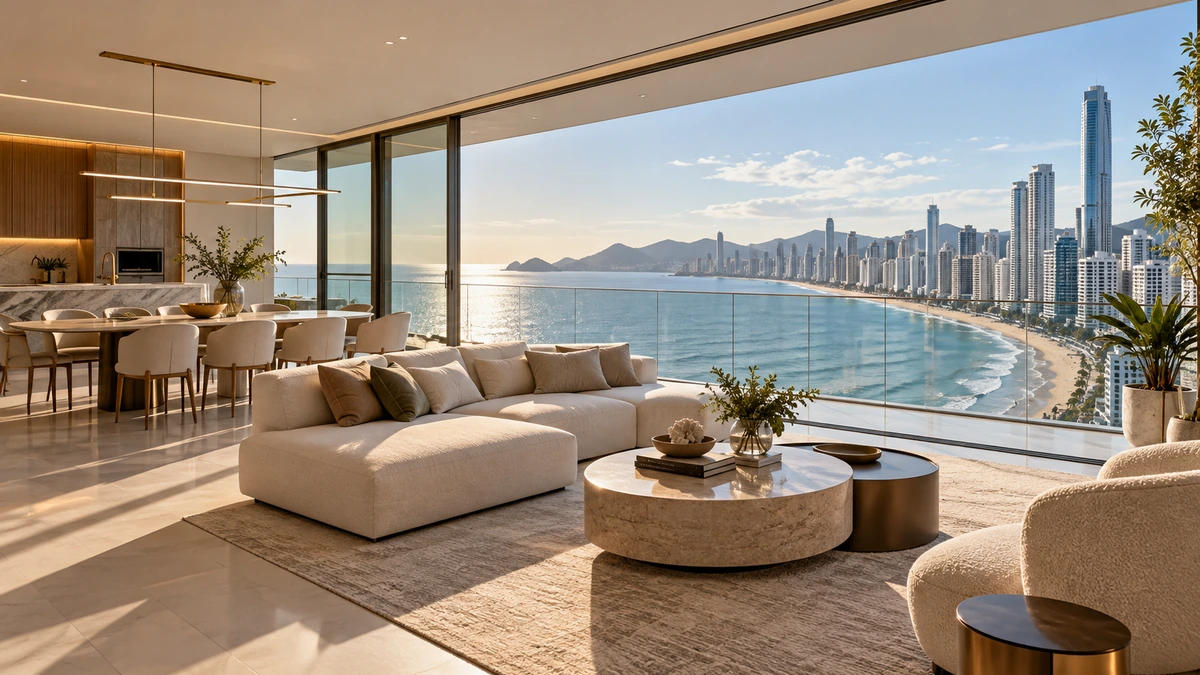 Sala de apartamento de alto padrão com vista para a praia e os edifícios de Balneário Camboriú