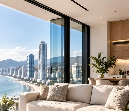 Interior de imóvel com vista para a orla urbana